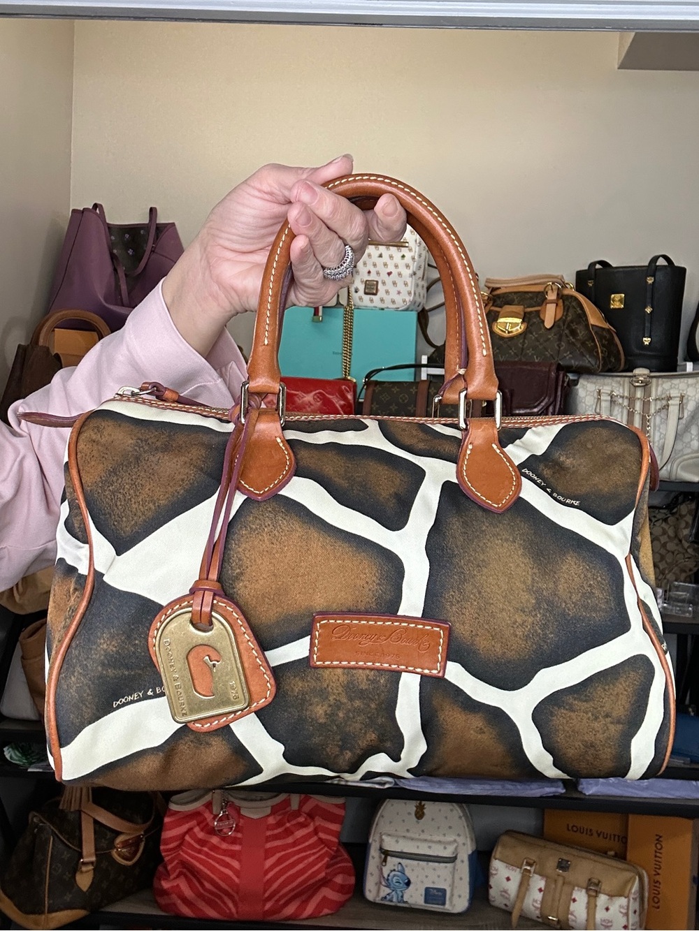 Dooney & Bourke Giraffe Print Nylon Satchel Leather Trim Y2K Safari Bag 2004-08